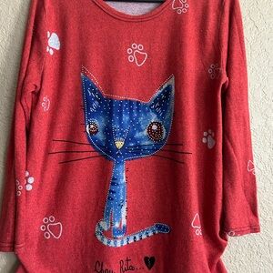 Red and Blue Cat Sweatshirt Whimsical Design